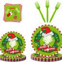 Funny Christmas Party Plates and Napkins Set, 96 Pcs Christmas Dinnerware Set Paper Plates Cocktail Napkins Forks, Green Cartoon Whoville Merch Holiday Birthday Party Supplies, Xmas Tableware Decor