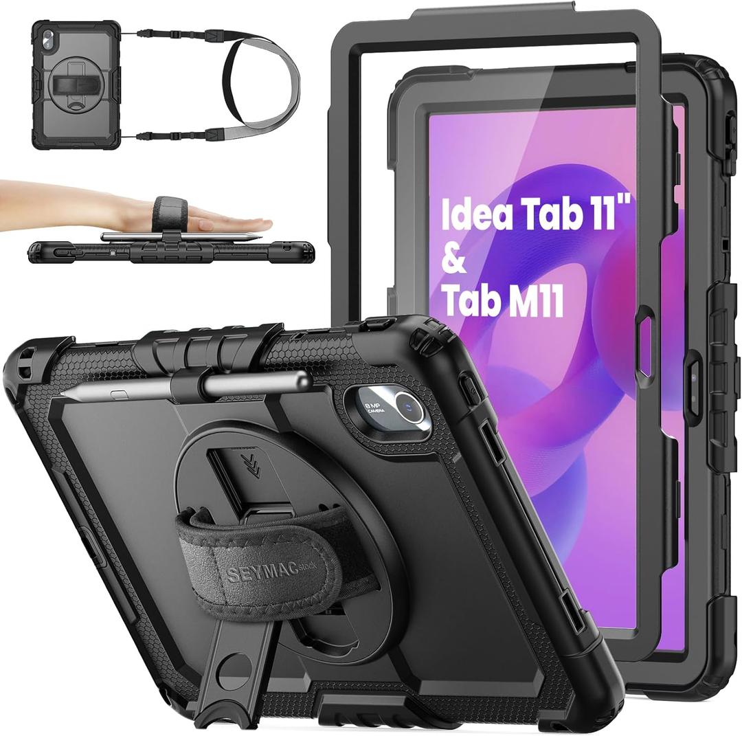 SEYMAC stock Case for Lenovo Idea Tab 11'' 2025/ Tab M11 2024/ K11 (TB336FU/TB330FU), Drop-Proof Case for Lenovo 11 inch with 360 Rotate Stand/Strap [Pen Holder] & Screen Protector, Black