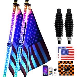 2PCS 4FT RGB LED Whip Light, Remote App Control, DIY Chasing Patterns Turn Signal & Brake LED Lights, Spring Base Included - Compatible with ATV, UTV, Polaris RZR, Can-Am