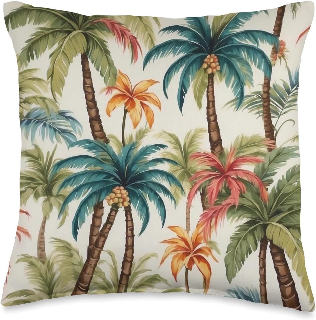 Retro Vintage Coconut Palm Tree Tropical Pattern Throw Pillow (16x16)