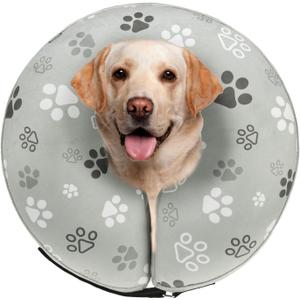 SCENEREAL Dog Cone Alternative After Surgery Donut Collar, Soft Pet Recovery Pillow Collar for Medium Large Dogs, Inflatable Adjustable Neck Collars to Prevent Licking, Grey Footprints L