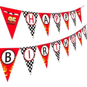 Race Car Happy Birthday Banner - Racing Themed Party Sign, Checkered Flag Decorations