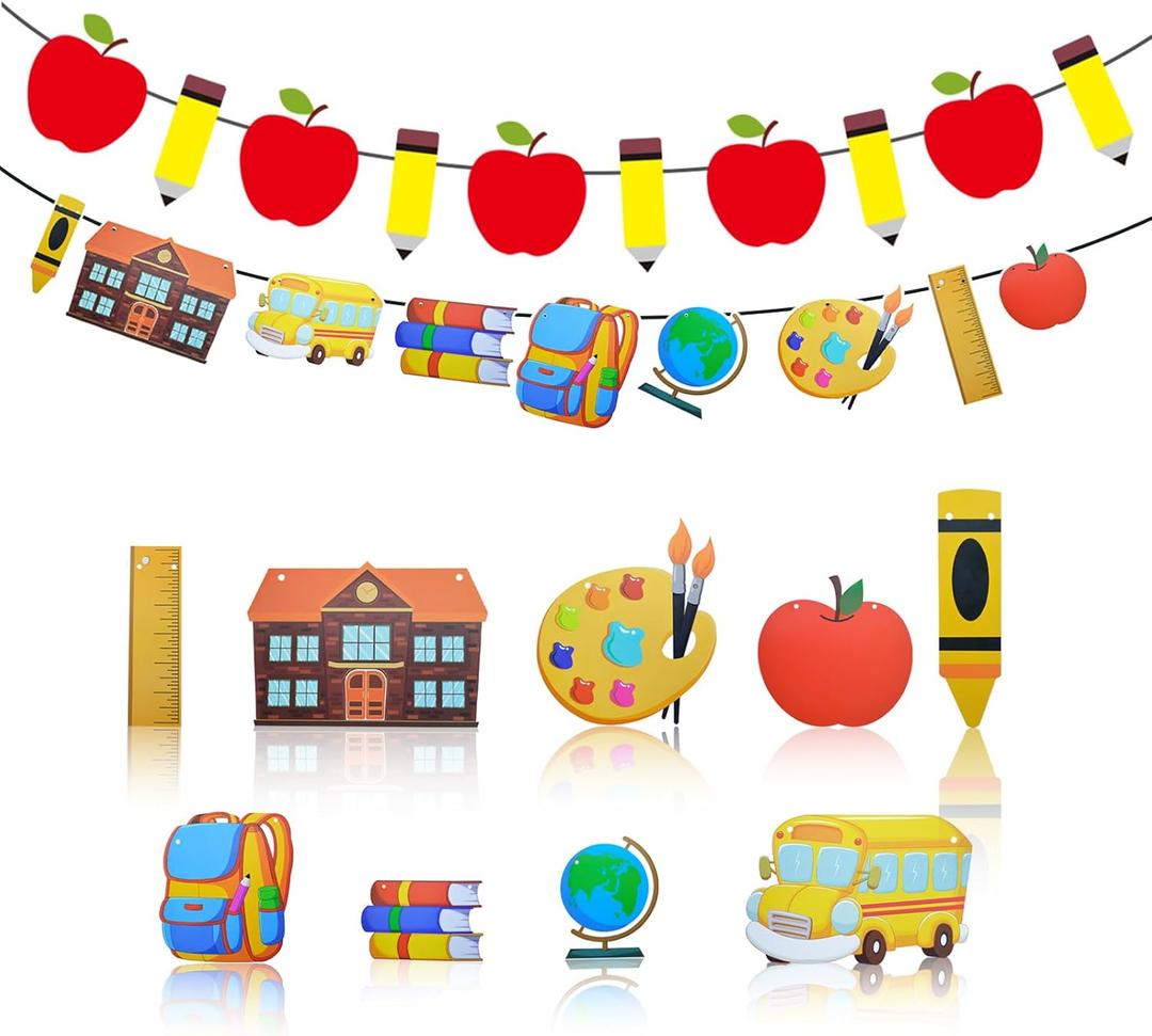 Back to School Decorative Banner Set, Apple and Pencil Banner with School Supply Design, Classroom Welcome Decor