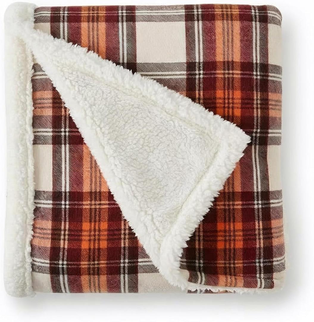 Eddie Bauer - Sherpa Throw Blanket for Couch 50x60  Ultra Soft Reversible Fleece & Plush Sherpa Blanket, Warm Cozy Plaid Throw Blanket for Sofa, Bed, Living Room, Cabin Decor (Edgewood Plaid Red)