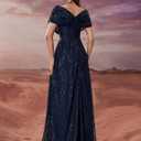 Women's Sequin V-Neck Short Sleeve A-Line Evening Dress Elegant Evening Dresses Party Gowns (Blue, XL)