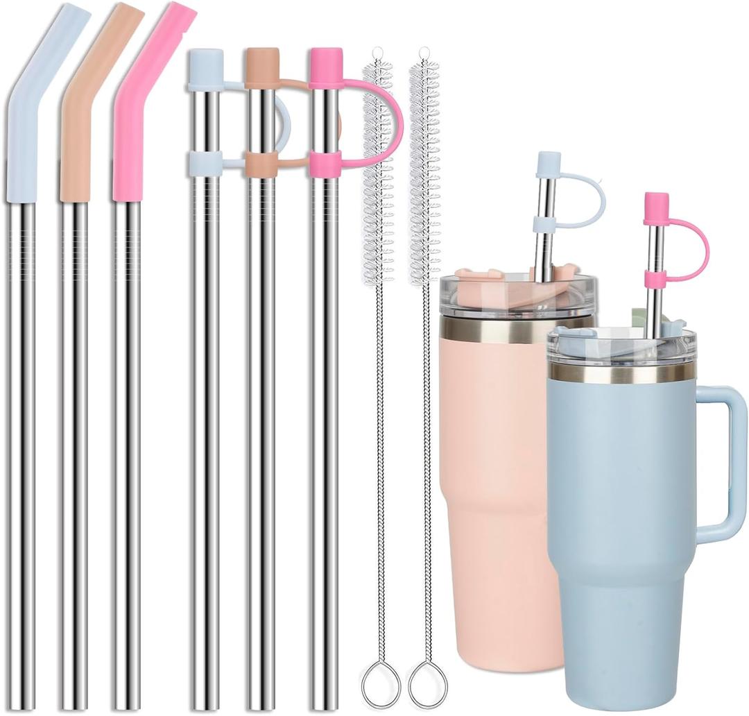 Jetstop Stainless Steel Straws with covers fit Stanley 40 oz tumbler, Reusable 12 Inch Metal Straw with Silicone Tips & Cover Caps, Compatible with Stanley Quencher H2.0 (6 Pack: 3 Bent + 3 Straight)