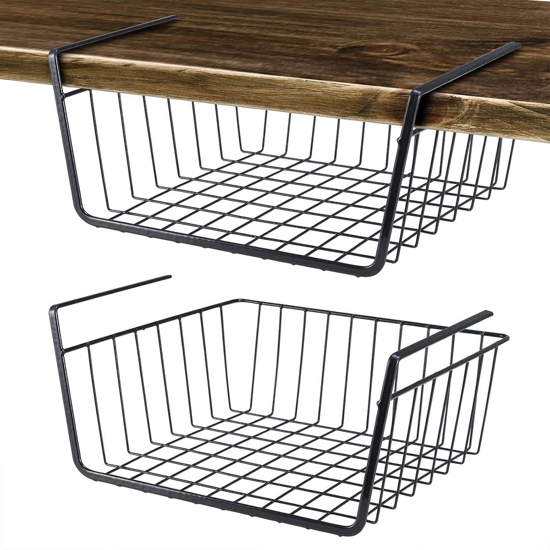 Undershelf Wire Storage Basket, Household Metal Hanging Bin Slides for Space Saving for Kitchen Pantry Bookshelf (Small, 2 PCS)
