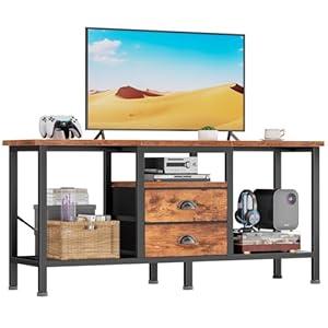 Furologee TV Stand with 2 Fabric Drawers, 43 Inch Entertainment Center with Open Storage Shelves, Media Console Table for Bedroom, Living Room, Rustic Brown