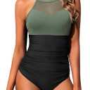 Daci Tummy Control One Piece Swimsuits - Women High Neck Mesh Bathing Suit Swimwear (Small, Green Black)