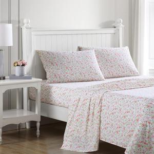 Laura Ashley - Queen Bed Sheets, Cotton Percale Bedding Set, Lightweight & Breathable, Dorm Essentials (Norella Pink, Queen)