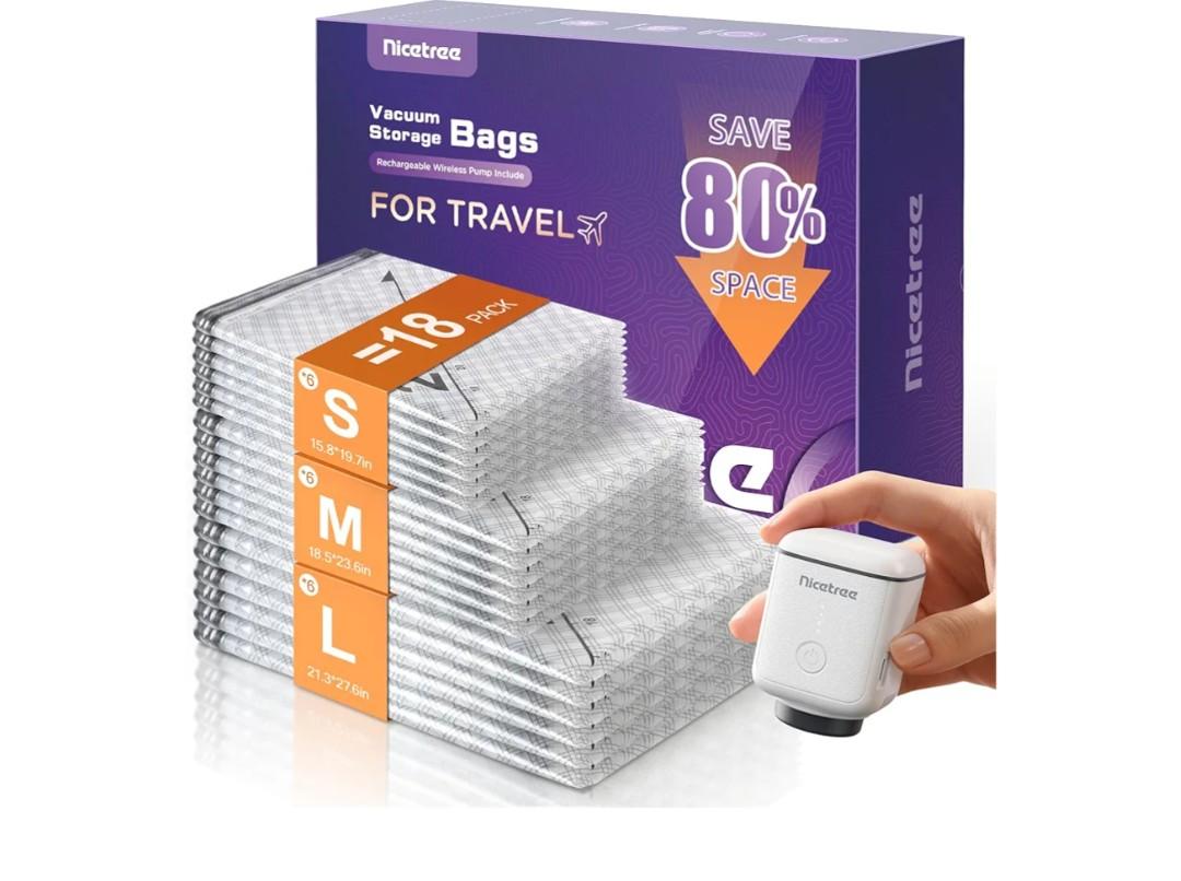 Nicetree 18-Pack Vacuum Seal Bags with Rechargeable Wireless Pump | 3 Sizes (20/24/28 Inch) Travel Vacuum Storage Bags for Clothing, Bedding & Seasonal Storage | Space Saver for Luggage