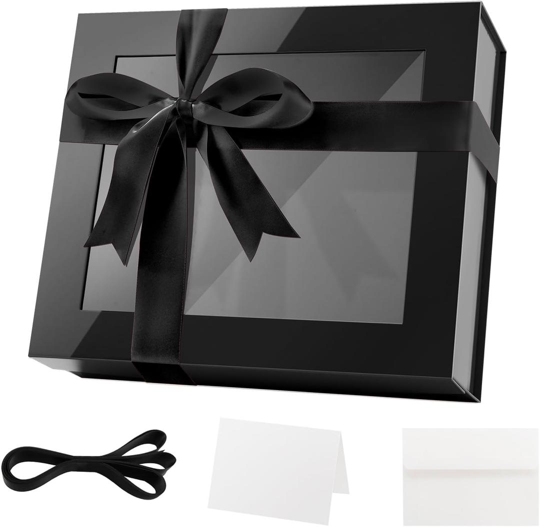 PACKQUEEN Extra Large Magnetic Black Gift Box with Window 16.3x14.2x5 In, 1 Count