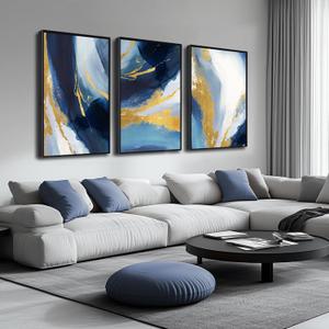 Abstract Wall Art for Living Room, Framed Canvas Wall-Decor for Bedroom, Blue White and Gold Picture Prints, Size 24 x 36 Inches 3-Pieces