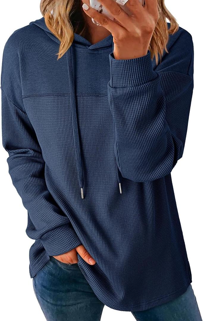 Dokotoo Womens Hoodies Casual Waffle Knit Long Sleeve Drawstring Pullover Sweatshirts Lightweight Hooded Tops (Large, Dark Blue)