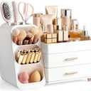 HBlife Makeup Organizer with Brush Holder for Vanity, Large Plastic Bathroom Countertop Organizer Skin Care Storage, Easy to Store Lipsticks, Nail Polishes, Perfumes, Eyeshadow Palettes, All White