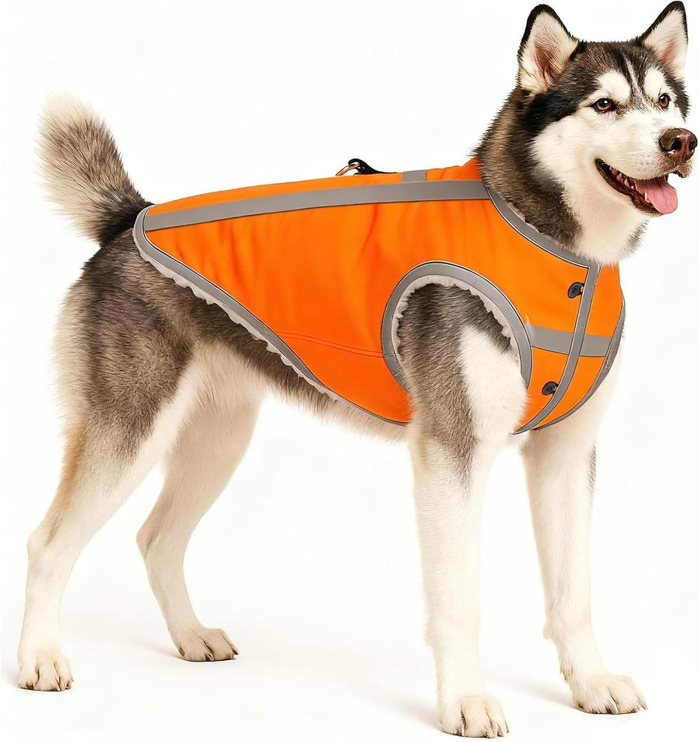 Reflective Dog Warm Coat for Cold Weather with Fleece Lining and D-Ring,Waterproof, Windproof, High Visibility Blaze Orange Hunting Vest – Protects Dogs from Daily Motorists and Hunting Accident, XL