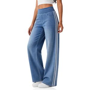 Cicy Bell Womens Pull On Jeans Wide Leg Stretchy Side Striped Denim Pants (Blue, M)