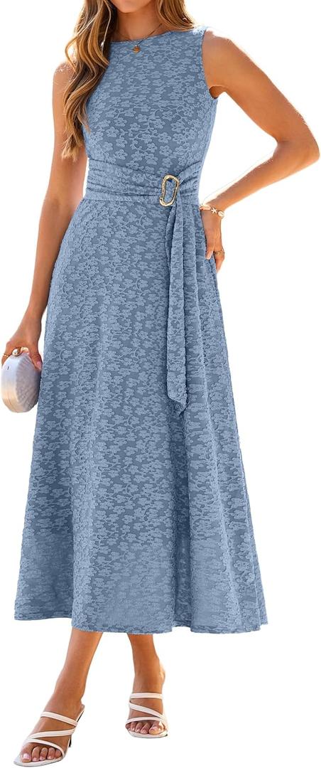Simplee Women's 2026 Summer Floral Maxi Dress Sleeveless Elegant Tie Waist Casual Cocktail Party Wedding Guest Long Dresses (Blue, XL)