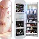 Vlsrka 6 LEDs Mirror Jewelry Cabinet Door Hanging, 47.2" Wall Mounted Jewelry Cabinet, Lockable Full Length Mirror with Storage, Rounded Corner Mirror Jewelry Organizer, 2 Drawers, White