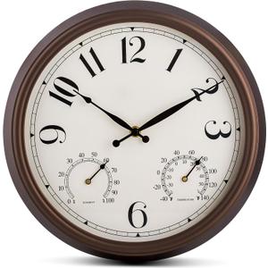 Bernhard Products Indoor/Outdoor Wall Clock Bronze 13 Inch Silent Non Ticking with Temperature & Humidity Gauge Weather Thermometer & Hygrometer Combo Battery Operated - Kitchen Living Room Patio