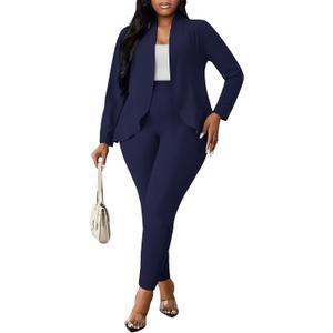 Aro Lora Womens Plus Size 2 Piece Outfits Pantsuits Long Sleeve Ruffle Irregular Hem Open Front Blazer Pant Set 3X-Large, Navy Blue