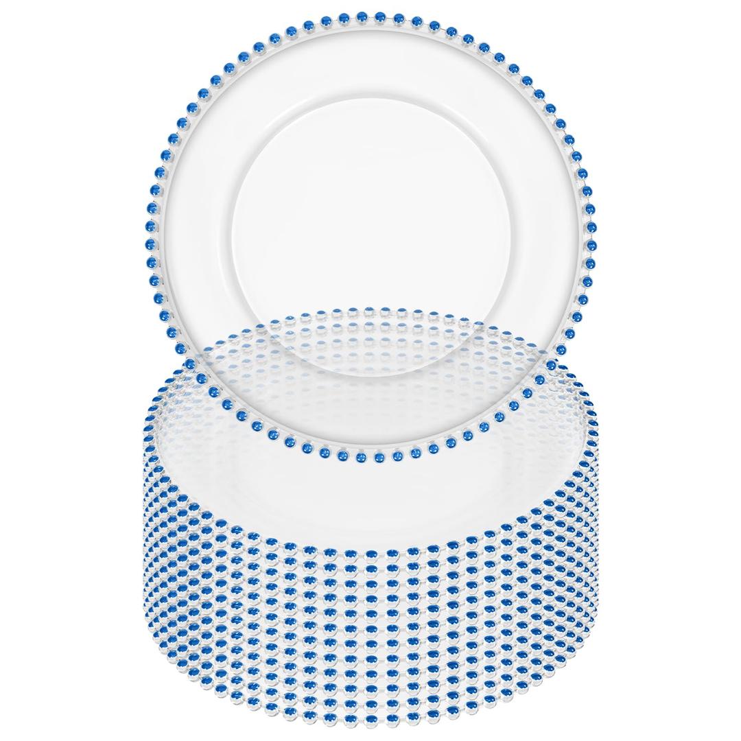 Tomeurperf 24 Pack Clear Charger Plates 13 Inch Acrylic Round Dinner Chargers with Blue Beaded Rim, Plastic Round Decorative Plates for Kitchen Wedding Party Home and Tabletop Decoration
