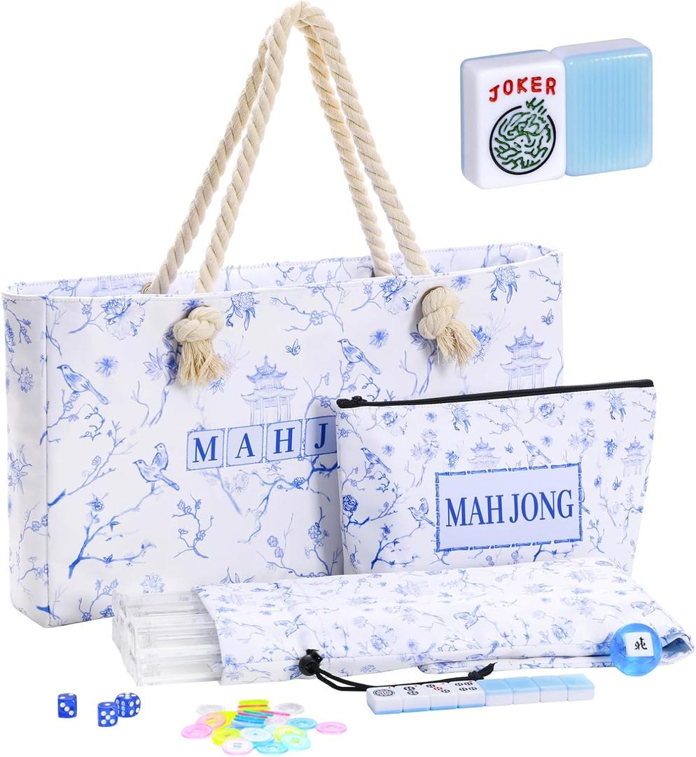 TIASUSAN American Mahjong Set(Light Blue), 166 Engraved Tiles, Bag and Mahjong Accessories, 4 Racks with Pushers, Mahjong Tile Set for Beginners