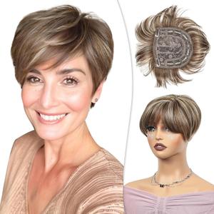 PHOCAS Short Hair Toppers for Women with Thinning Hair Magic Pixie Cut Topper Hair Piece Natural Synthetic Highlight Brown Toppers for Hair Loss Women Daily Use