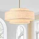 Fenluster Gold Modern Chandelier 20'' Linen Drum Chandeliers with 3 Layer Fabric Lampshade Pendant Light Fixture 4-Light Farmhouse Chandeliers for Dining Room Bedroom Kitchen Hallway Foyer