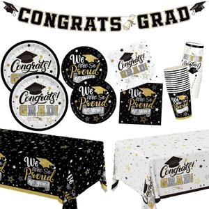 Graduation Decorations 2026 Black and Gold Grad Party Supplies with Disposable Plates, Napkins, Tablecloth, Cups and Congrats Grad Banner for 24 Guests - Graduation Party Decorations