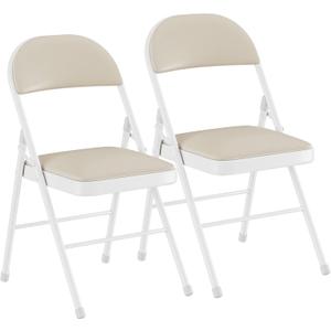 VECELO Folding Chairs Set of 2, Faux Leather Padded, Beige | Folding chairs with comfortable PU leather padded seat, Sturdy metal frame, Space saving design for office dining party