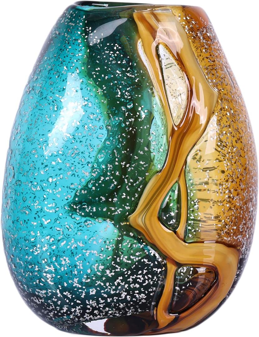 Teal Glass Vase,Hand Blown Green Glass Flower Vases Bulk,Murano Glass Vases,Unique Table Glass Decor, Flowers with Vase Decorative,Teal Vase Decor,for Bookshelf,Living Room,Office,Gift (S)