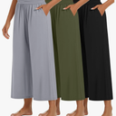 Huukeay 3 Pack Wide Leg Cropped Pants for Women, High Waist Lounge Yoga Pants Loose Casual Palazzo Capri Trouser with Pockets, Size -L