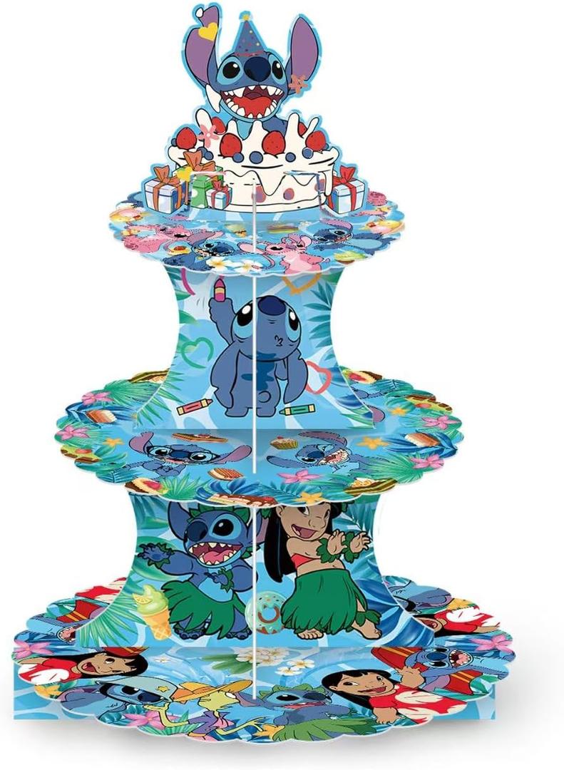 Stitch Themed Party Supplies and Decorations, a Three-Tiered Cupcake Stand, a Display Stand for Birthday Desserts and Cakes, which is Suitable for Cute-Style Birthday Decorations.