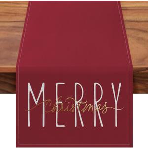 ONWAY Merry Christmas Gold Table Runner Winter Xmas Holiday Kitchen Dining Farmhouse Table Decor for Indoor Outdoor Home Party Decorations 13x72 Inch Red