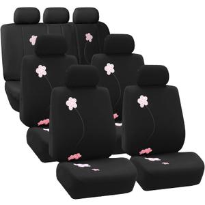 FH Group Three Row 7 Seater Floral Design Cloth Car Seat Covers, Airbag Compatible and Split Bench- Universal Fit for Cars Trucks & SUVs Black