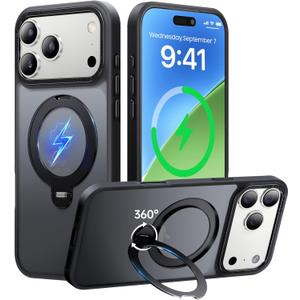 360 Spin Magnetic Stand for iPhone 17 Pro Case, Fit for MagSafe, Mil-STD Protective Case for iPhone 17 Pro Phone Case with Kickstand Rotatable 6.3 inch, Black