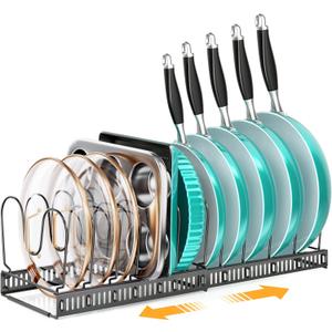 MUDEELA Expandable Pots and Pans Organizer Rack under Cabinet, Pots Lid Organizer Rack for Kitchen Cabinet Organizers and Storage with 12 Adjustable Dividers Cutting Board Holder & Anti-Scratch Strips