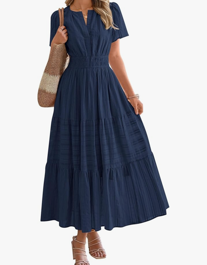 BTFBM Womens Summer 2025 Casual Midi Maxi Dresses Lightweight Short Sleeve V Neck Elastic Waist Boho Beach Dress Pockets L
