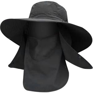 Fishing Hat for Men, UPF 50+ Removable Sun Protection Cap with Face Neck Flap, Hiking & Garden Summer Sun Hat for Women (US, Alpha, One Size, Black) (Black)
