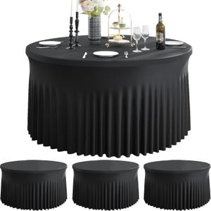 4 Pack Black Spandex Round Tablecloths for 60inch Table, Wrinkle Free 120inch Stretchy Fitted Round Table Cloths Covers with Skirt for Wedding Birthday Parties Banquet Events