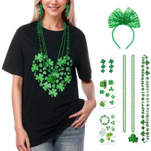 St Patricks Day Shirt Women V-Neck Short Sleeve Summer T-Shirt Lucky Irish Shamrock Graphic Tees Tops Set (Small, Black)