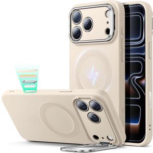 ESR Silicone Case for iPhone 17 Pro Max, Built-in Camera Stash Stand Compatible with MagSafe, Military-Grade Drop Protection Magnetic Phone Case, Cloud Series, Light Tan