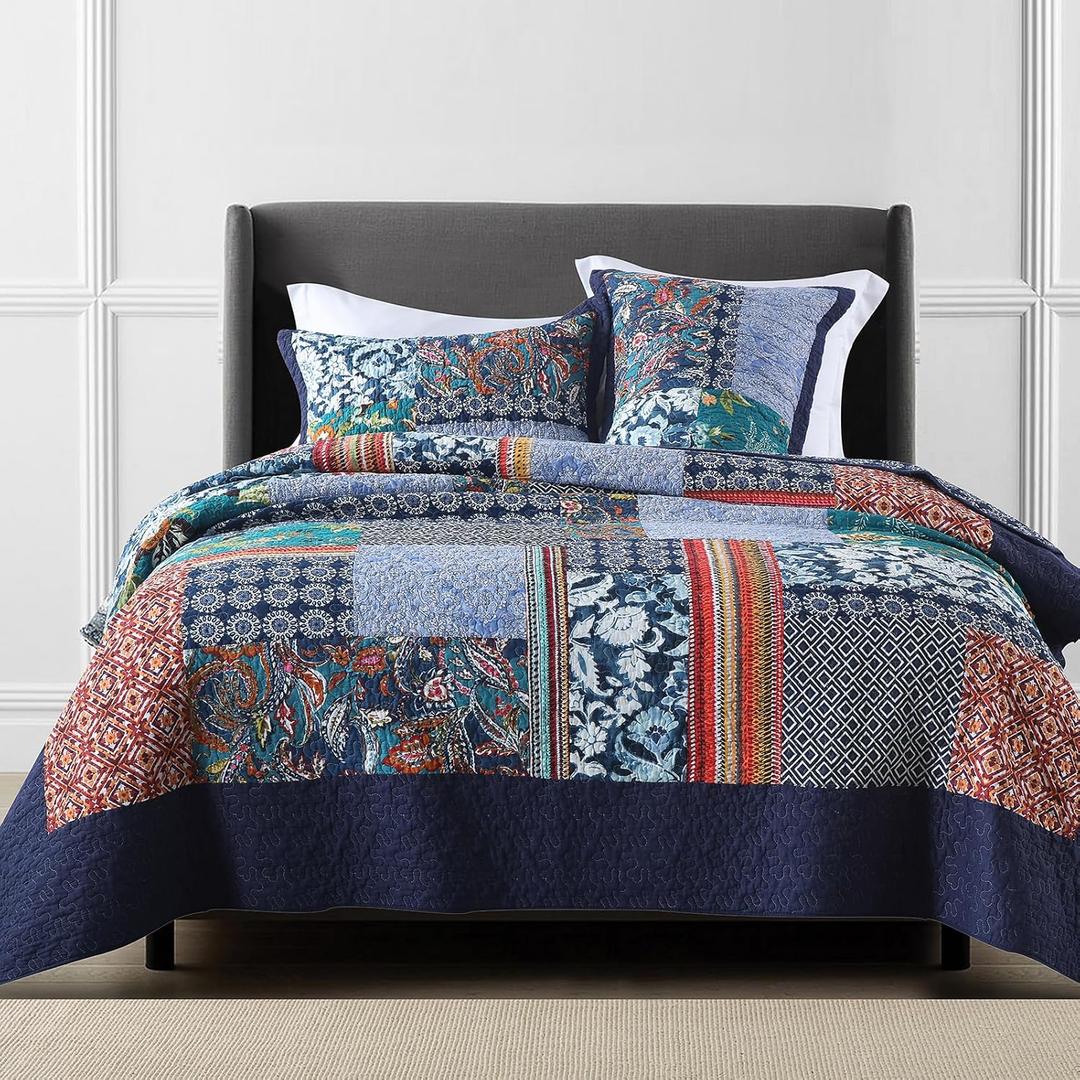 King Quilt Sets, 100% Cotton Quilts King Size, Navy Bedspreads, Patchwork with Retro Bohemian Floral Patterns, 3-Piece Lightweight Bedding Coverlet for All Season (1 Quilt + 2 Pillow Shams)