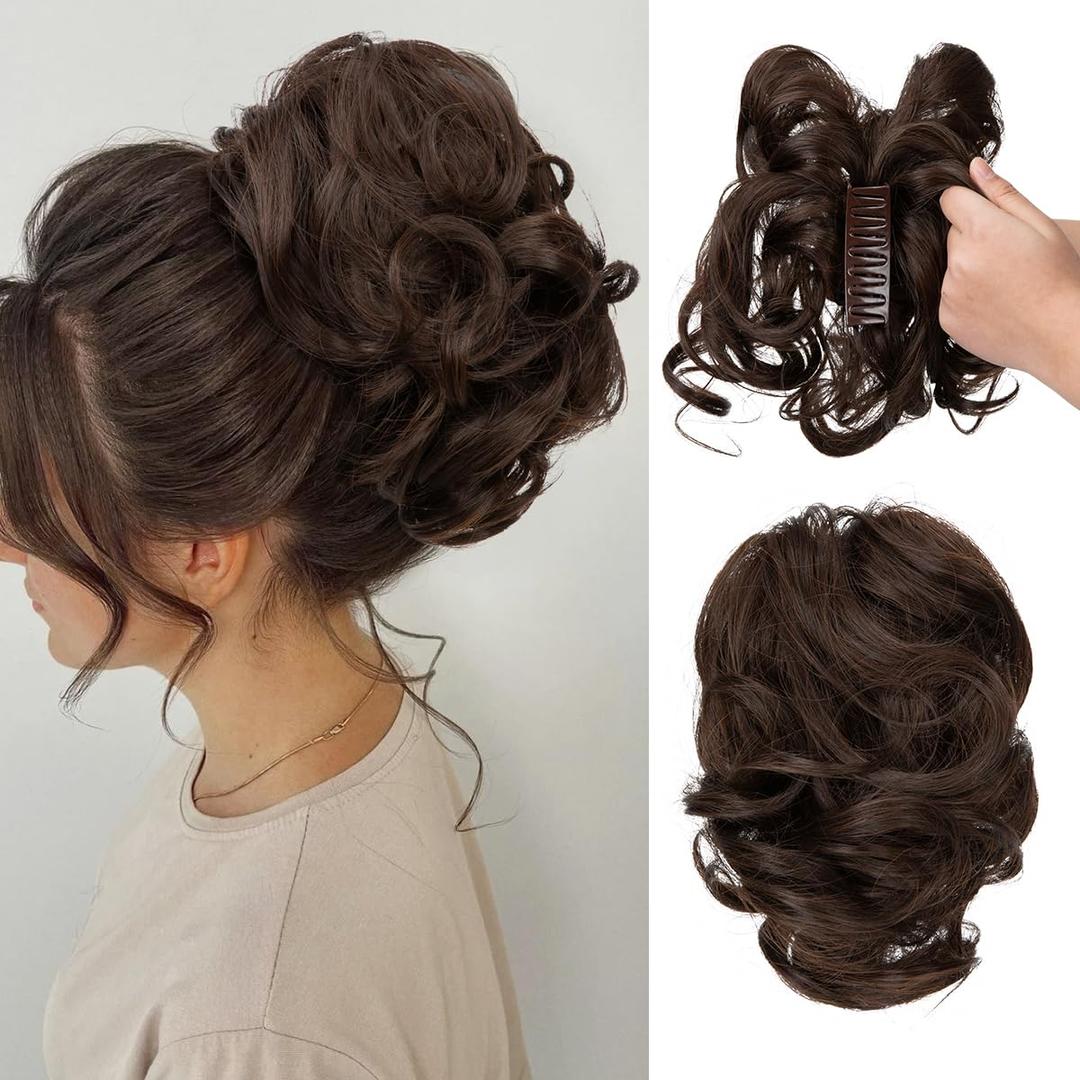 CJL HAIR Claw Clip Short Ponytail Hair Extensions DIY Bendable Metals Messy Bun Hair Piece for Women Wavy Curly Synthetic Fake Hairpieces Dark Chocolate