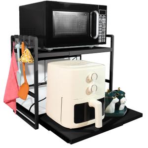 2-Tier Microwave Rack - Height Adjustable & Extendable Kitchen Shelf with Drawer - Carbon Steel - Includes Hooks & Reinforcement Suction Cups - Easy Assembly (Black)