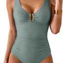 B2prity One Piece Swimsuit for Women Tummy Control Ruched Bathing Suit V Neck Push Up Swim Suit, M