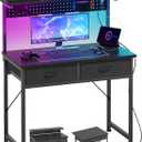 MUTUN Small Desk with Drawers, 31 Inch Computer Desk with Power Outlet & LED Light, Gaming Desk with Adjustable Monitor Stand & Pegboard, Modern PC Study Writing Table for Bedroom, Black