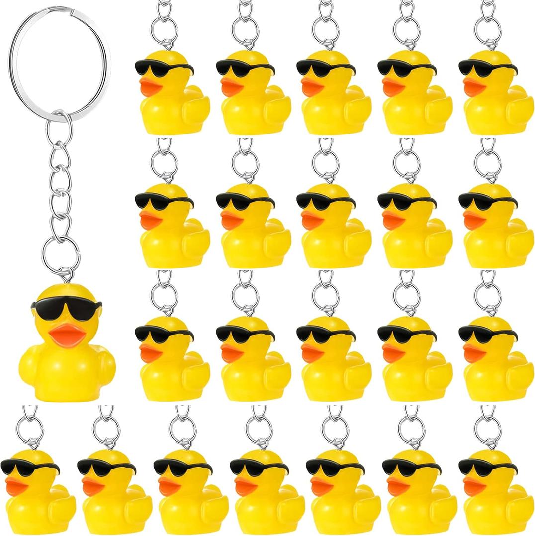 Roowest 24 Pcs Mini Duck Keychains Bulk Miniature Duck Party Favors 3D Cute Yellow Resin Tiny Keychains with Sunglasses Charms Pendant Accessories for Birthdays Holidays Baby Showers Party Supplies