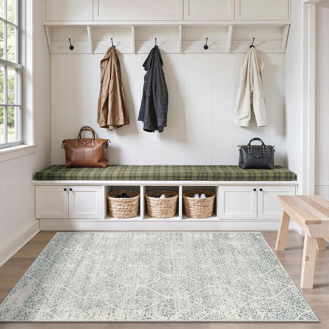 Soalmost 3x5 Area Rugs for Entryway, Washable Moroccan Trellis Low Pile Non-Slip Throw Area Rugs, Accent Rug Indoor Mat for Bedside Living Room Kitchen Bedroom Teal Blue